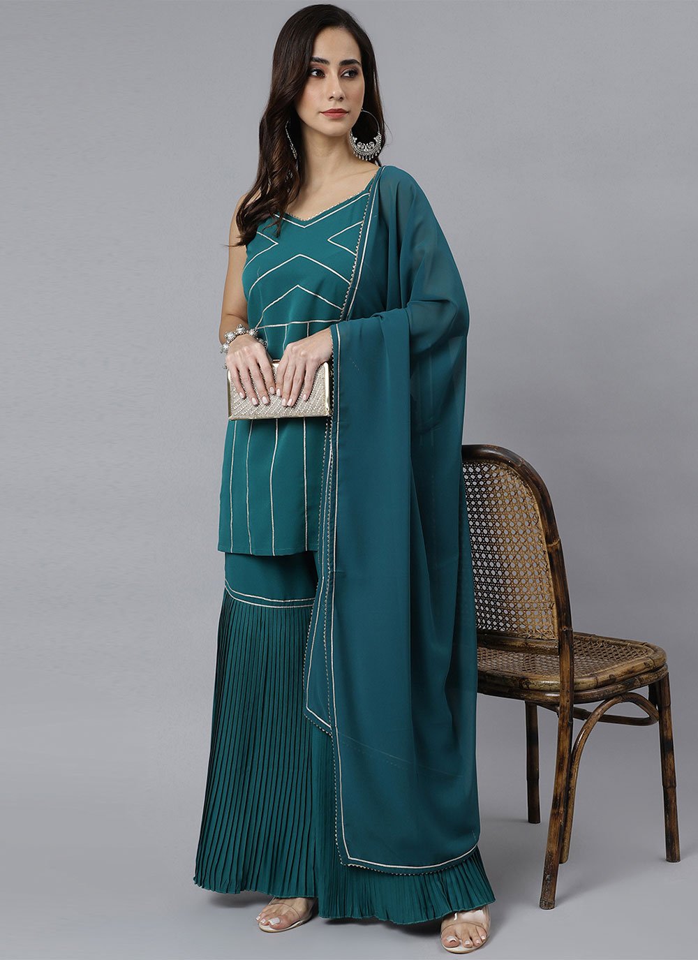 Salwar Suit Crepe Silk Teal Lace Salwar Kameez