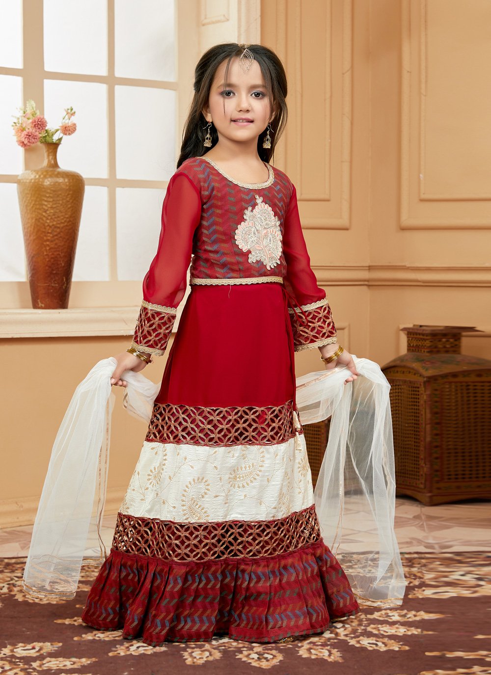 Lehenga Choli Handloom Silk Maroon Embroidered Kids