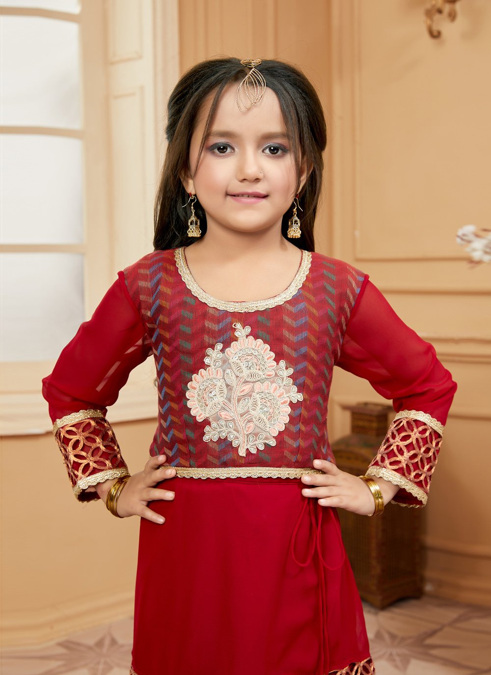 Lehenga Choli Handloom Silk Maroon Embroidered Kids