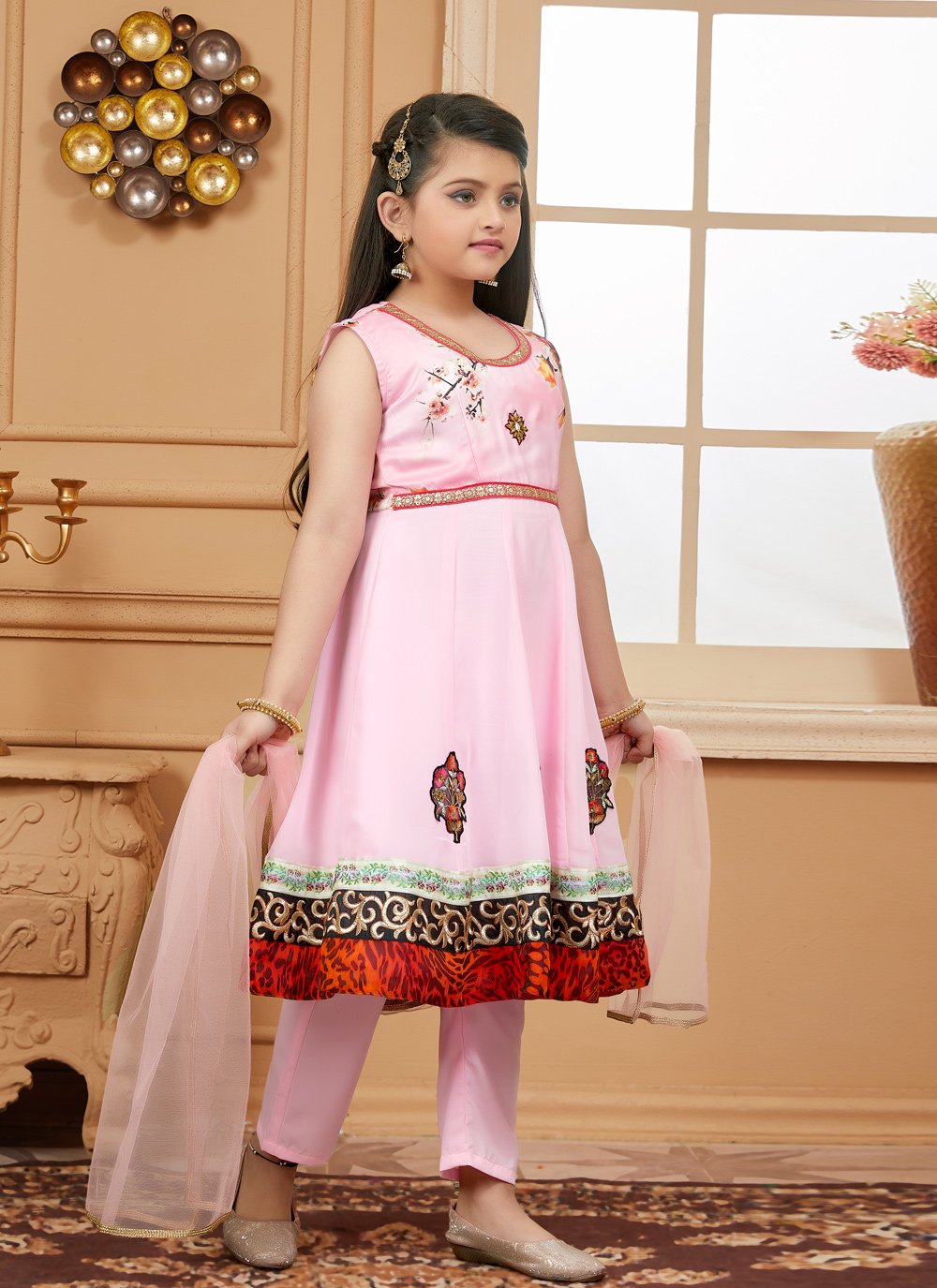 Pant Style Suit Satin Pink Embroidered Kids