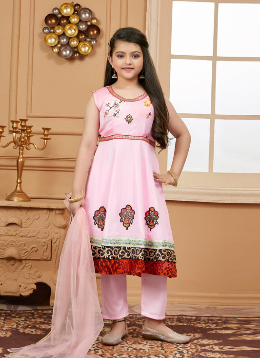 Pant Style Suit Satin Pink Embroidered Kids