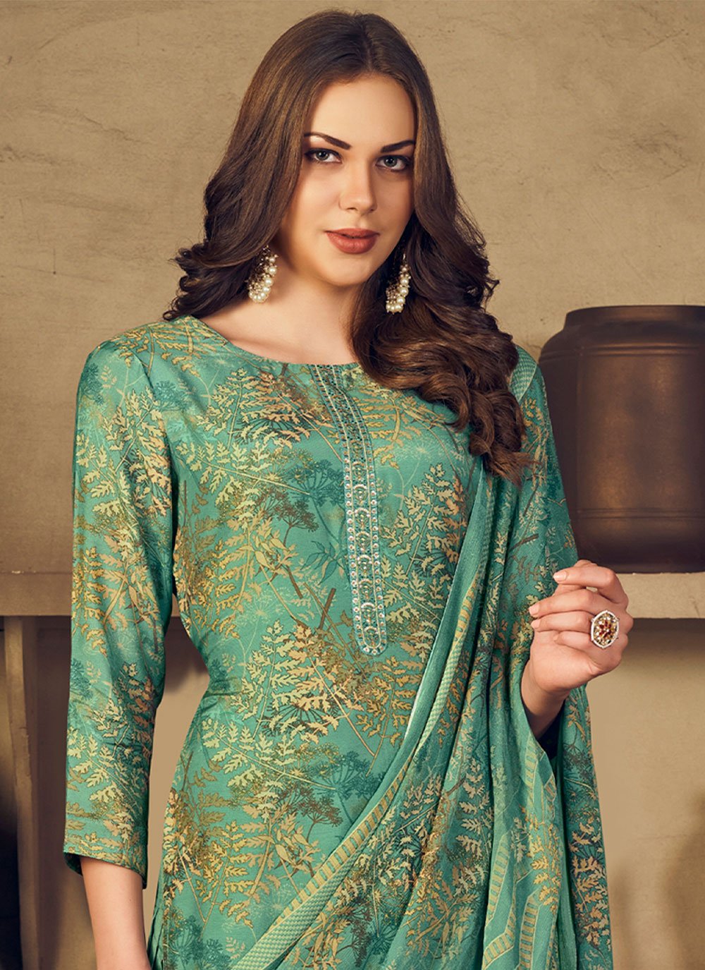 Punjabi Salwar Suit Muslin Green Embroidered Salwar Kameez