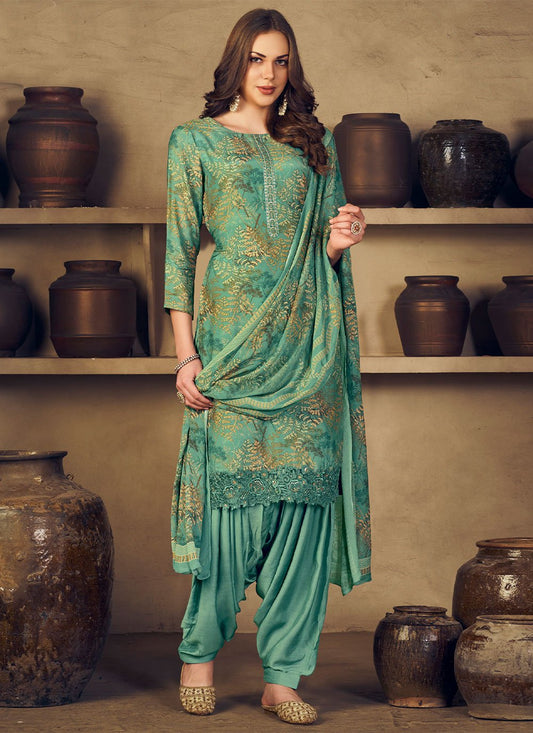 Punjabi Salwar Suit Muslin Green Embroidered Salwar Kameez