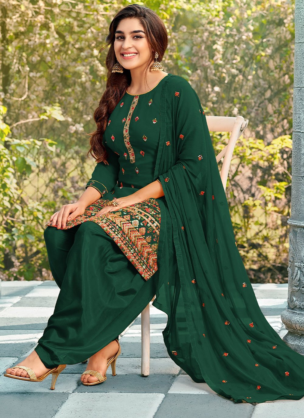 Punjabi Salwar Suit Georgette Green Embroidered Salwar Kameez