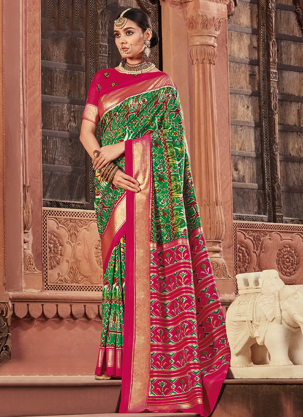 Trendy Saree Silk Green Hot Pink Patola Print Saree