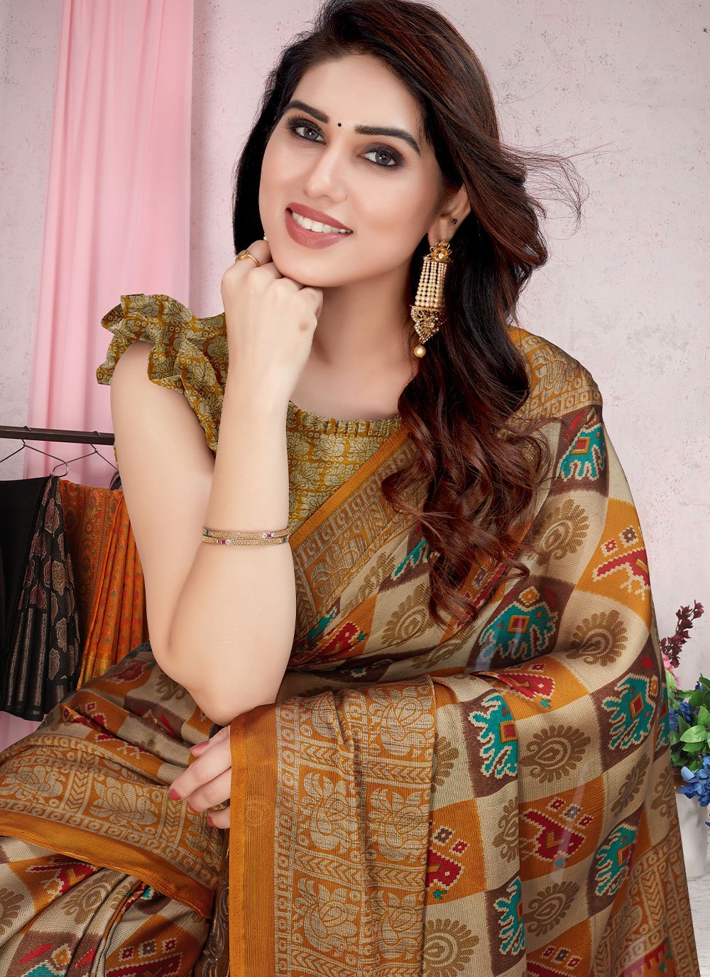 Classic Chiffon Mustard Patola Print Saree