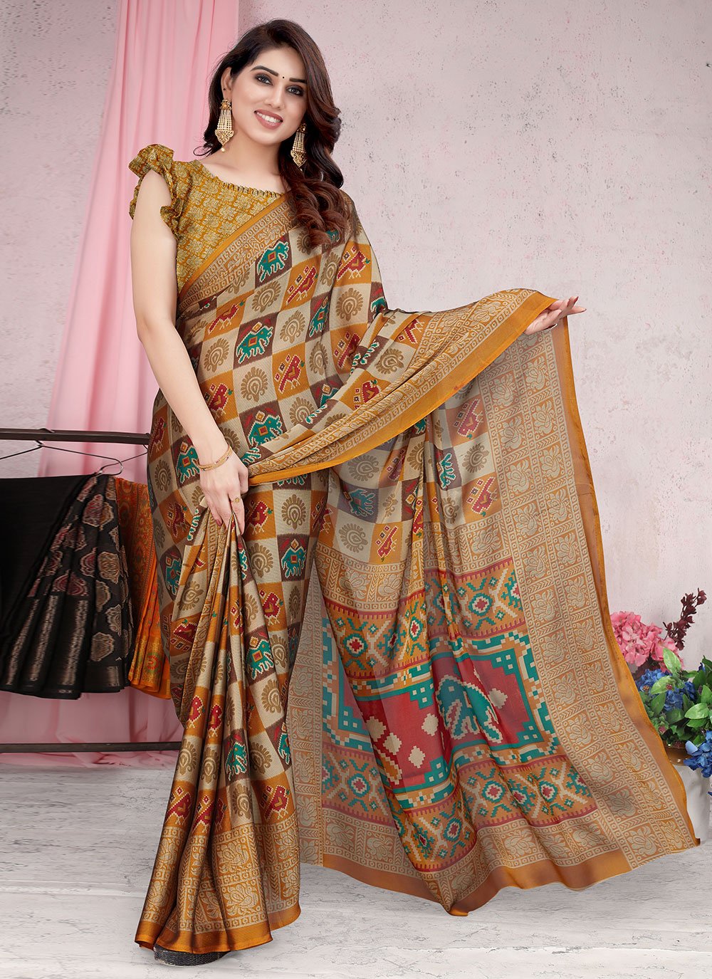 Classic Chiffon Mustard Patola Print Saree