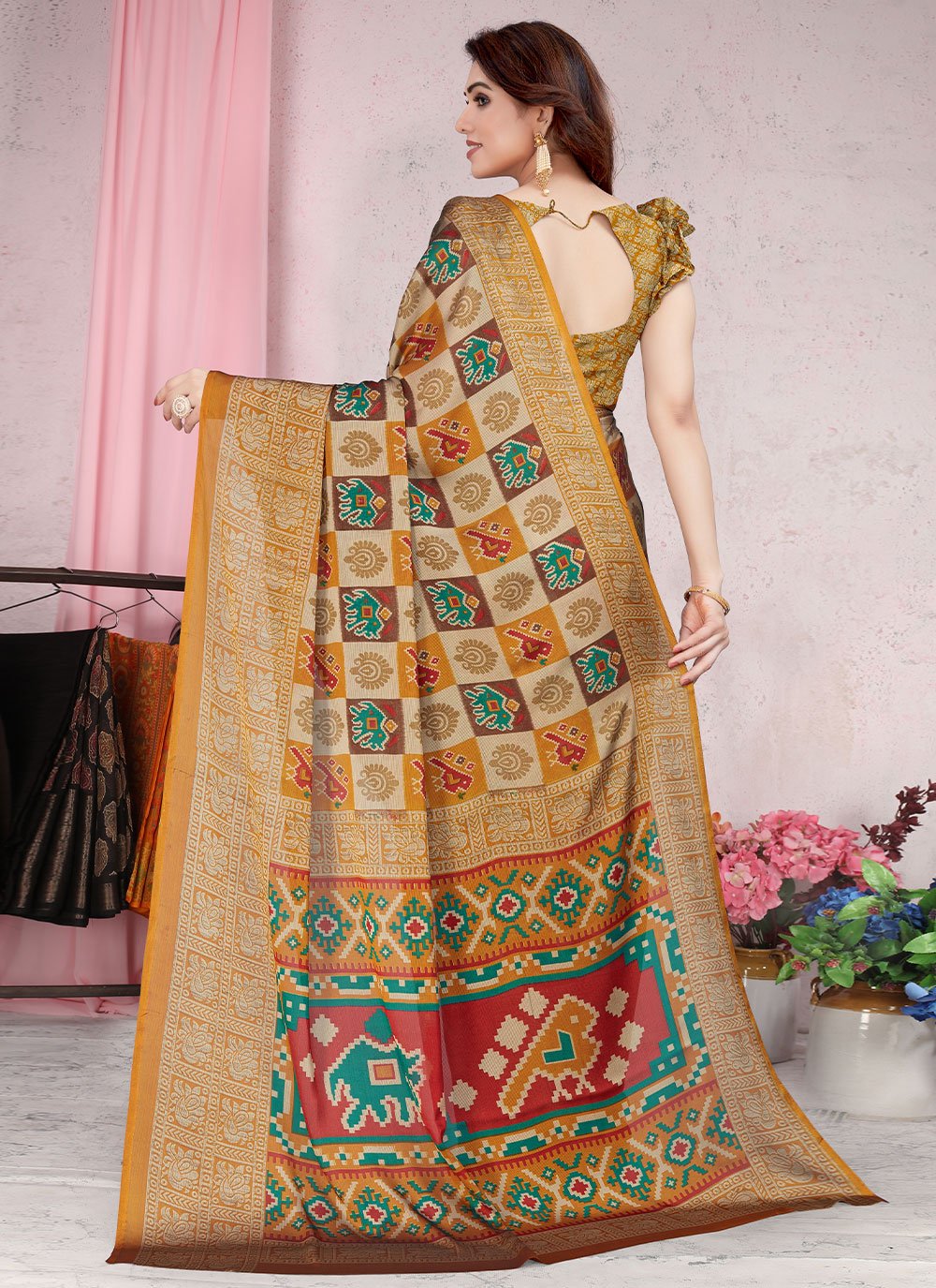 Classic Chiffon Mustard Patola Print Saree