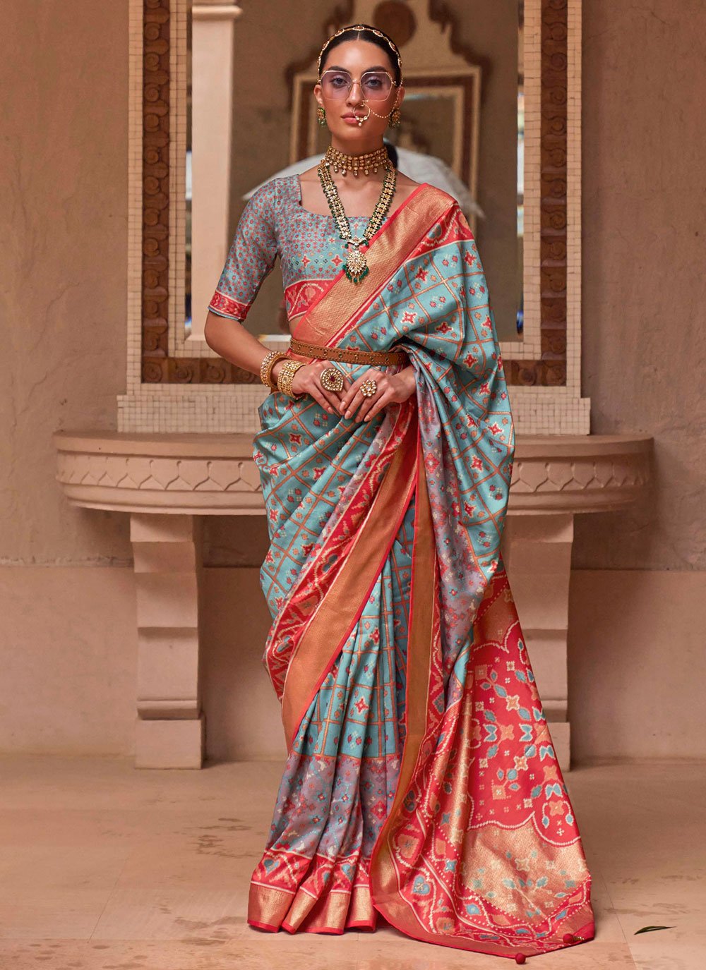 Contemporary Patola Silk Blue Patch Border Saree