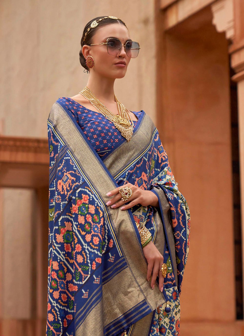 Designer Patola Silk Blue Off White Patch Border Saree