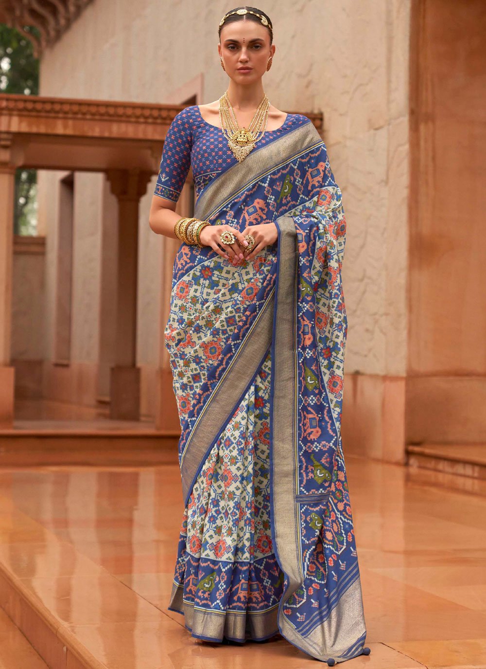 Designer Patola Silk Blue Off White Patch Border Saree