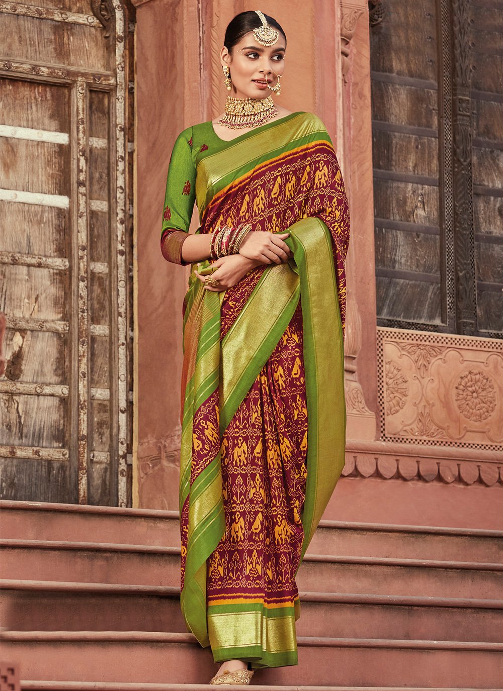 Traditional Saree Silk Sea Green Wine Patola Print Saree