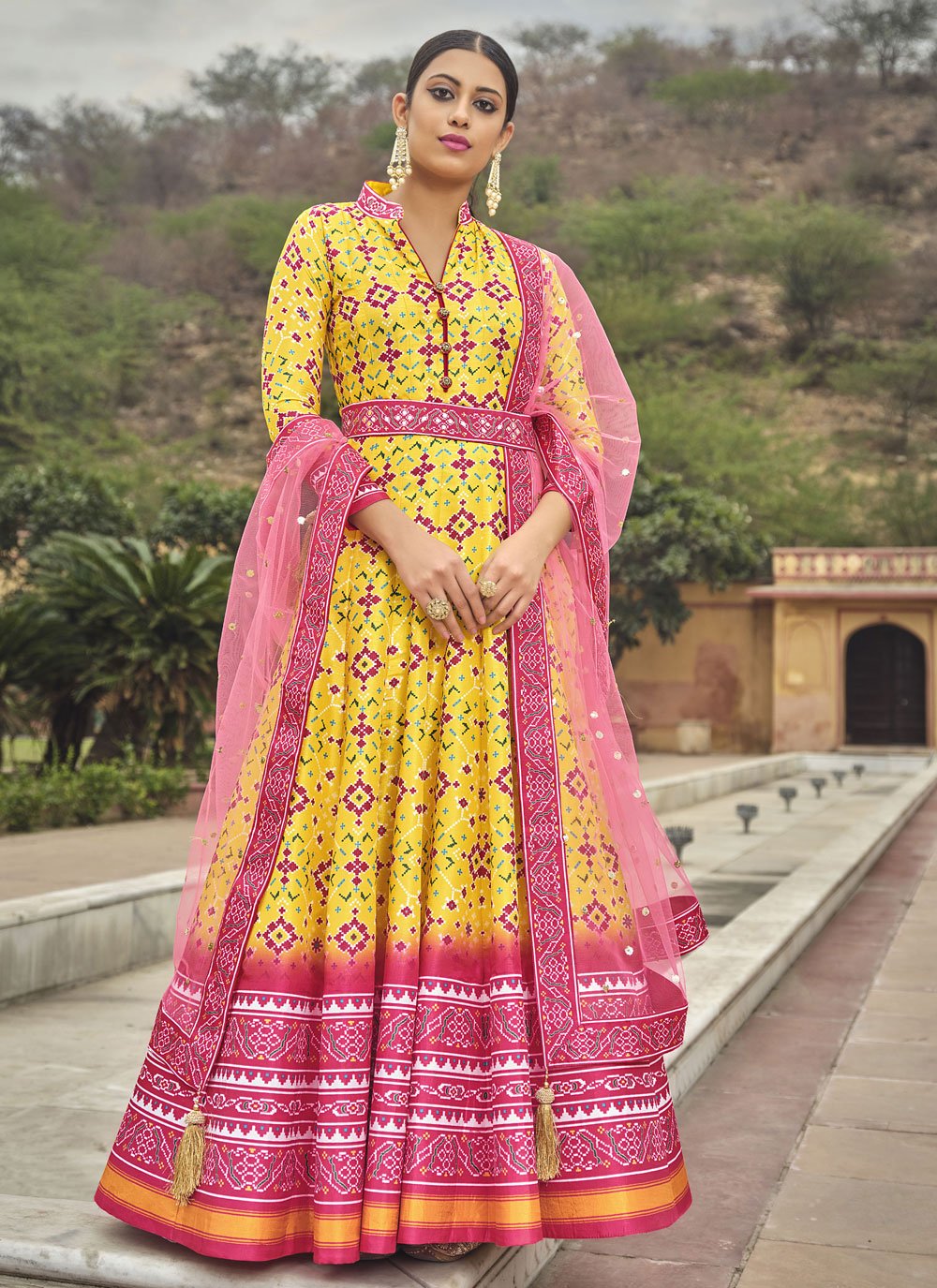 Gown Silk Yellow Patola Print Gown