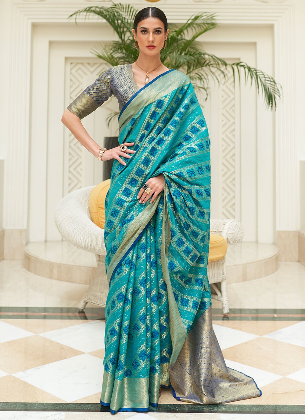 Classic Patola Silk Aqua Blue Weaving Saree