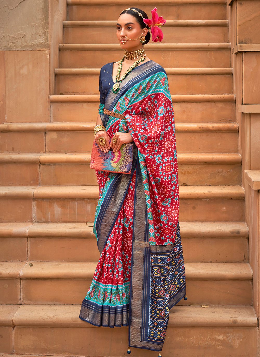 Classic Patola Silk Blue Red Weaving Saree