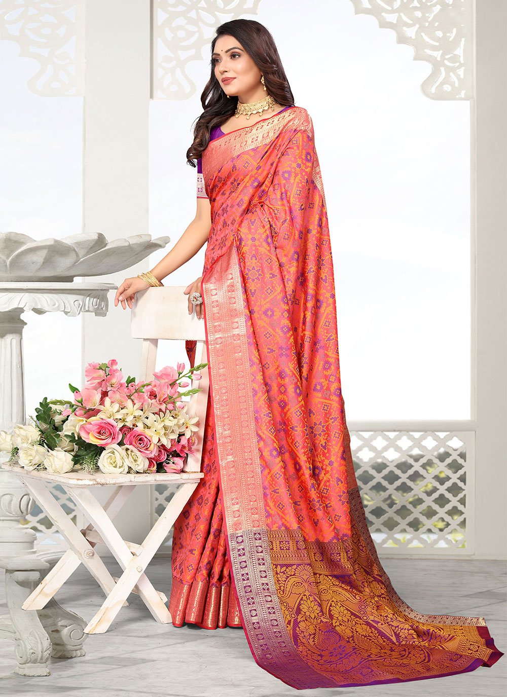 Classic Patola Silk Peach Weaving Saree