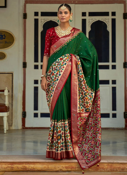 Classic Patola Silk Green Aari Work Saree