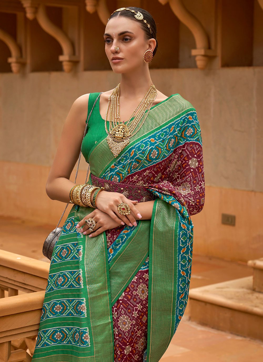 Classic Patola Silk Green Wine Weaving Saree