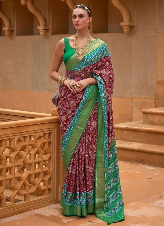 Classic Patola Silk Green Wine Weaving Saree