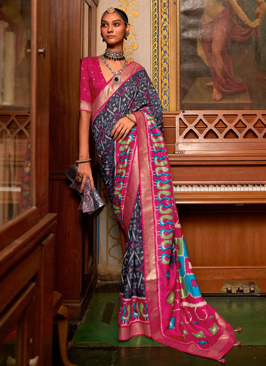 Classic Patola Silk Grey Pink Weaving Saree