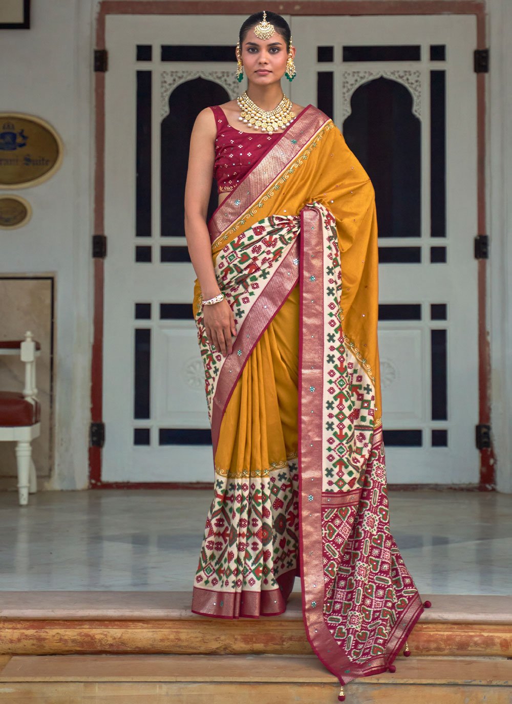 Classic Patola Silk Mustard Aari Work Saree