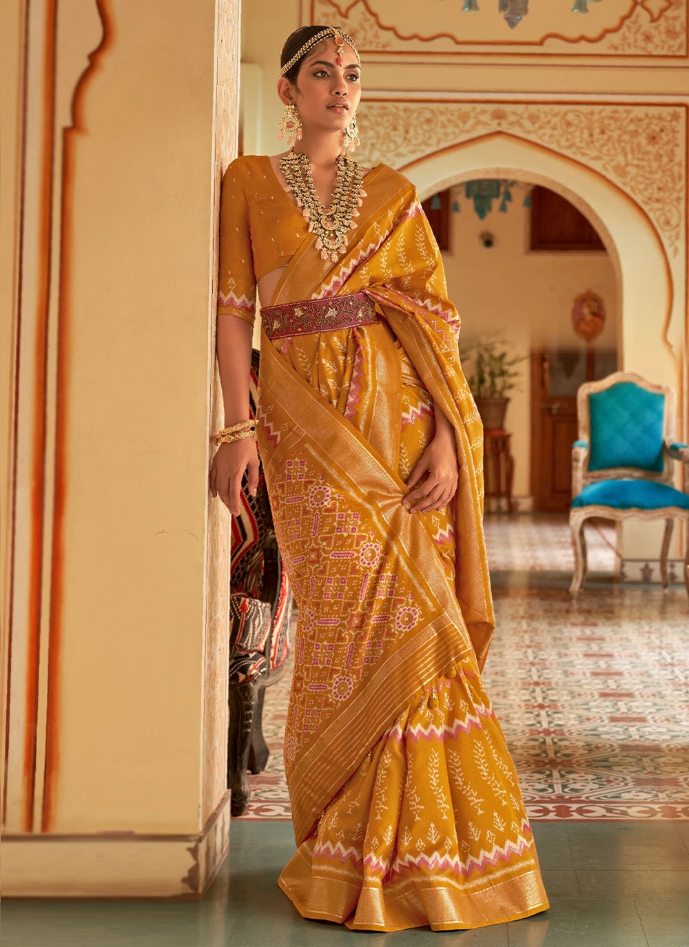 Contemporary Patola Silk Mustard Weaving Saree