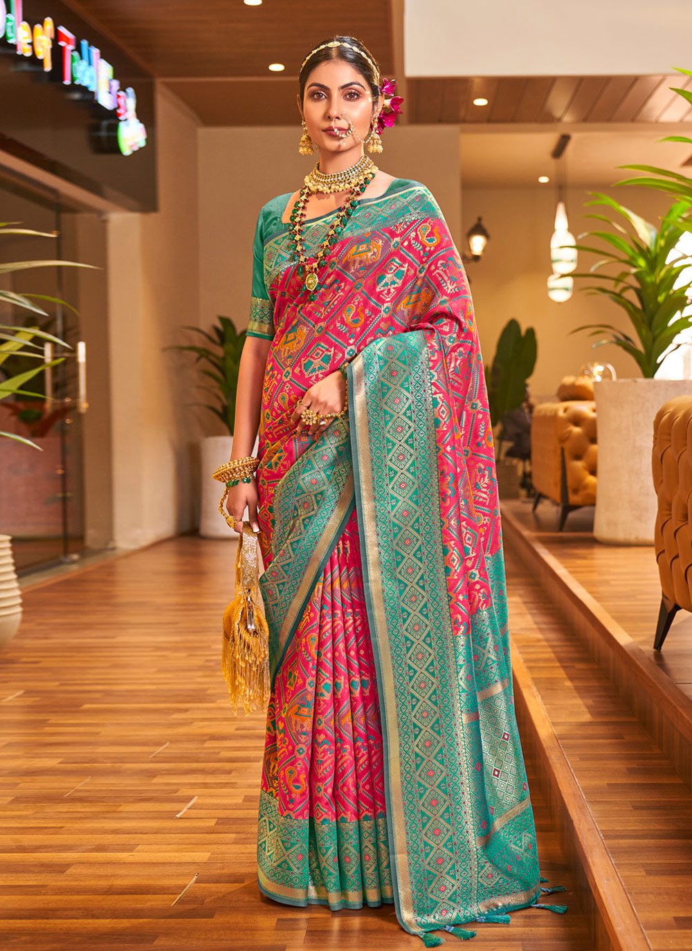 Traditional Saree Patola Silk Green Magenta Weaving Saree