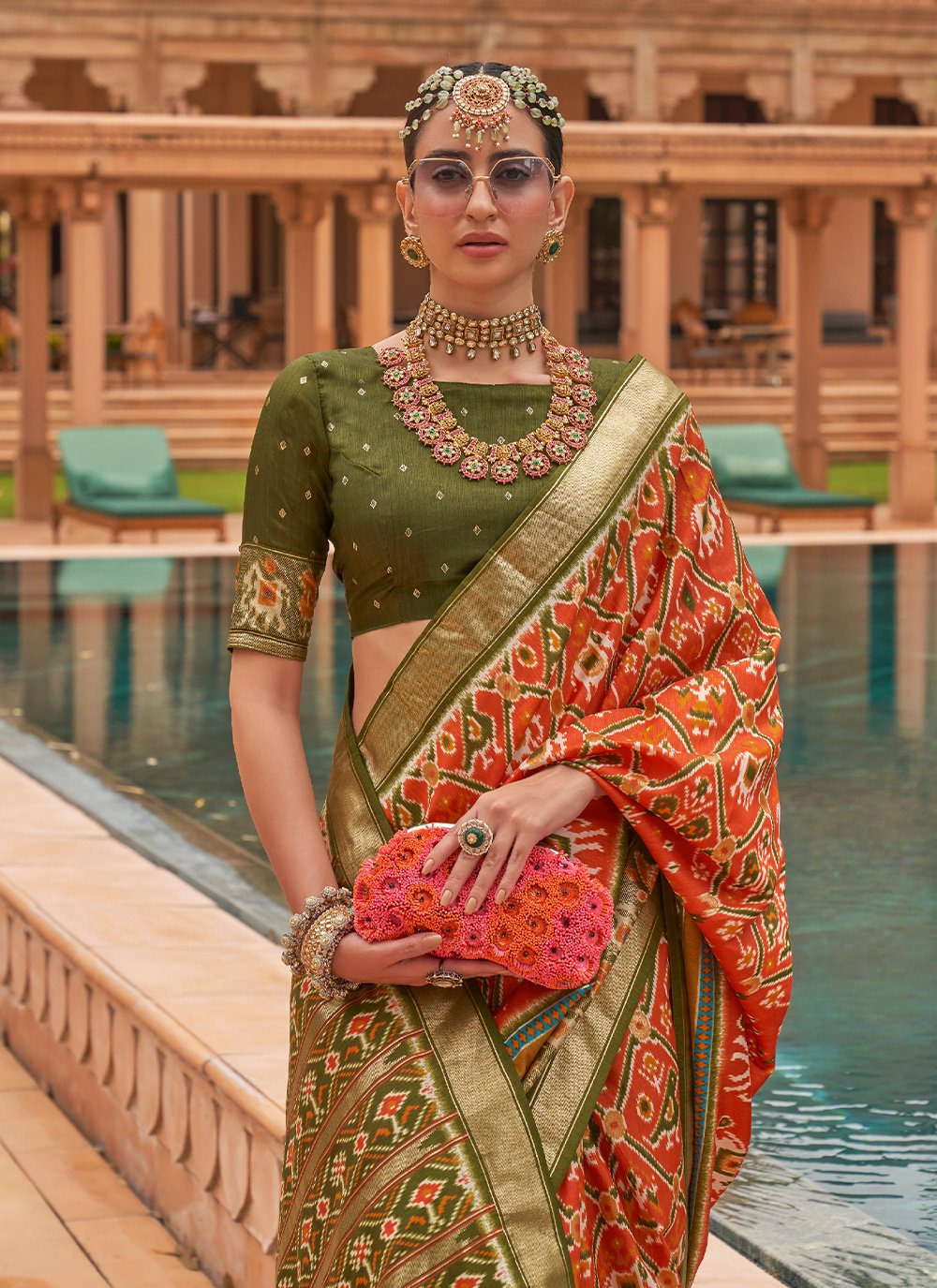 Designer Patola Silk Peach Foil Print Saree