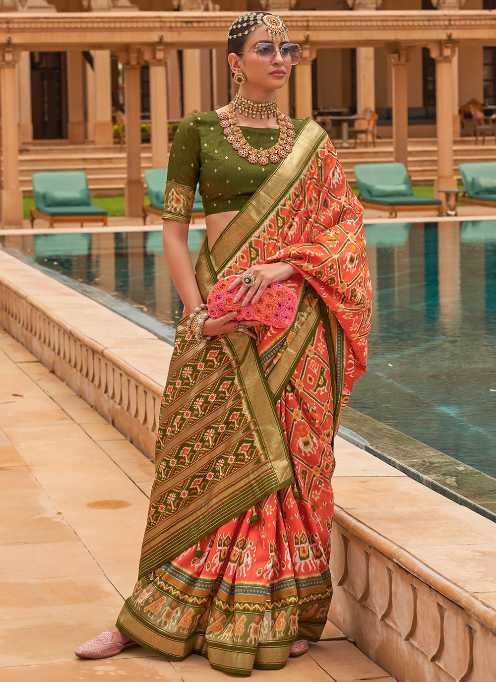 Designer Patola Silk Peach Foil Print Saree