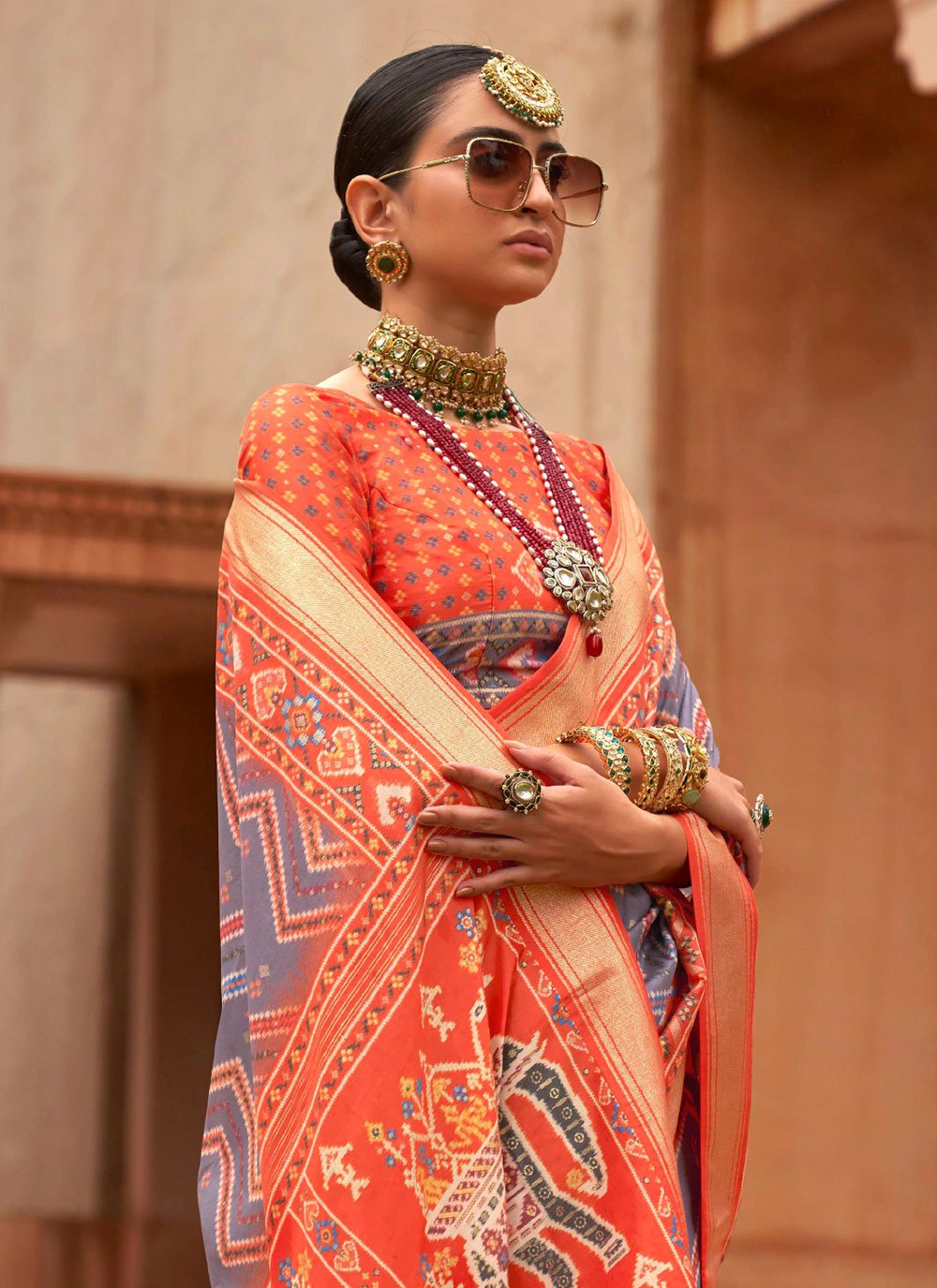 Classic Patola Silk Grey Orange Patch Border Saree