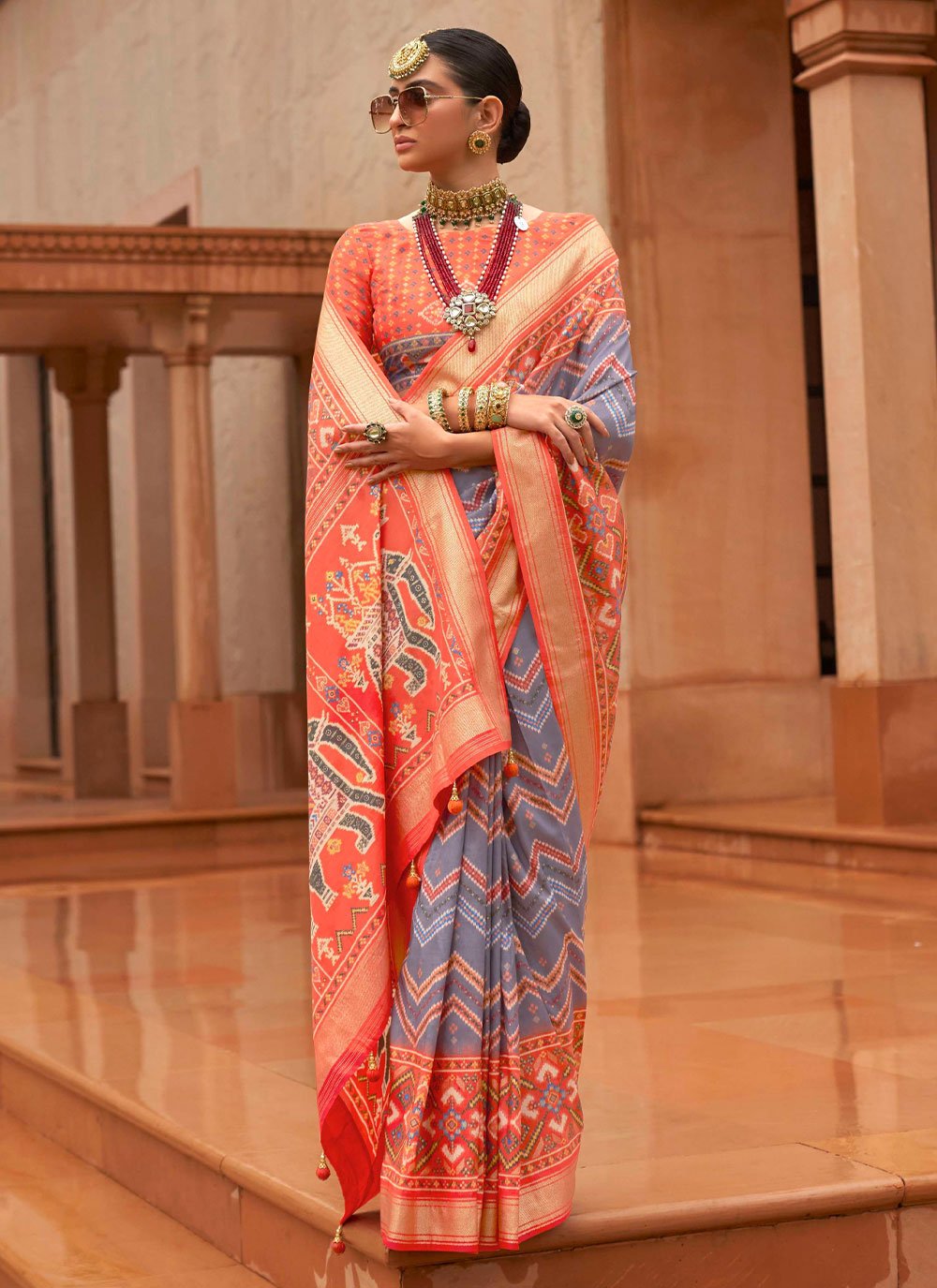 Classic Patola Silk Grey Orange Patch Border Saree