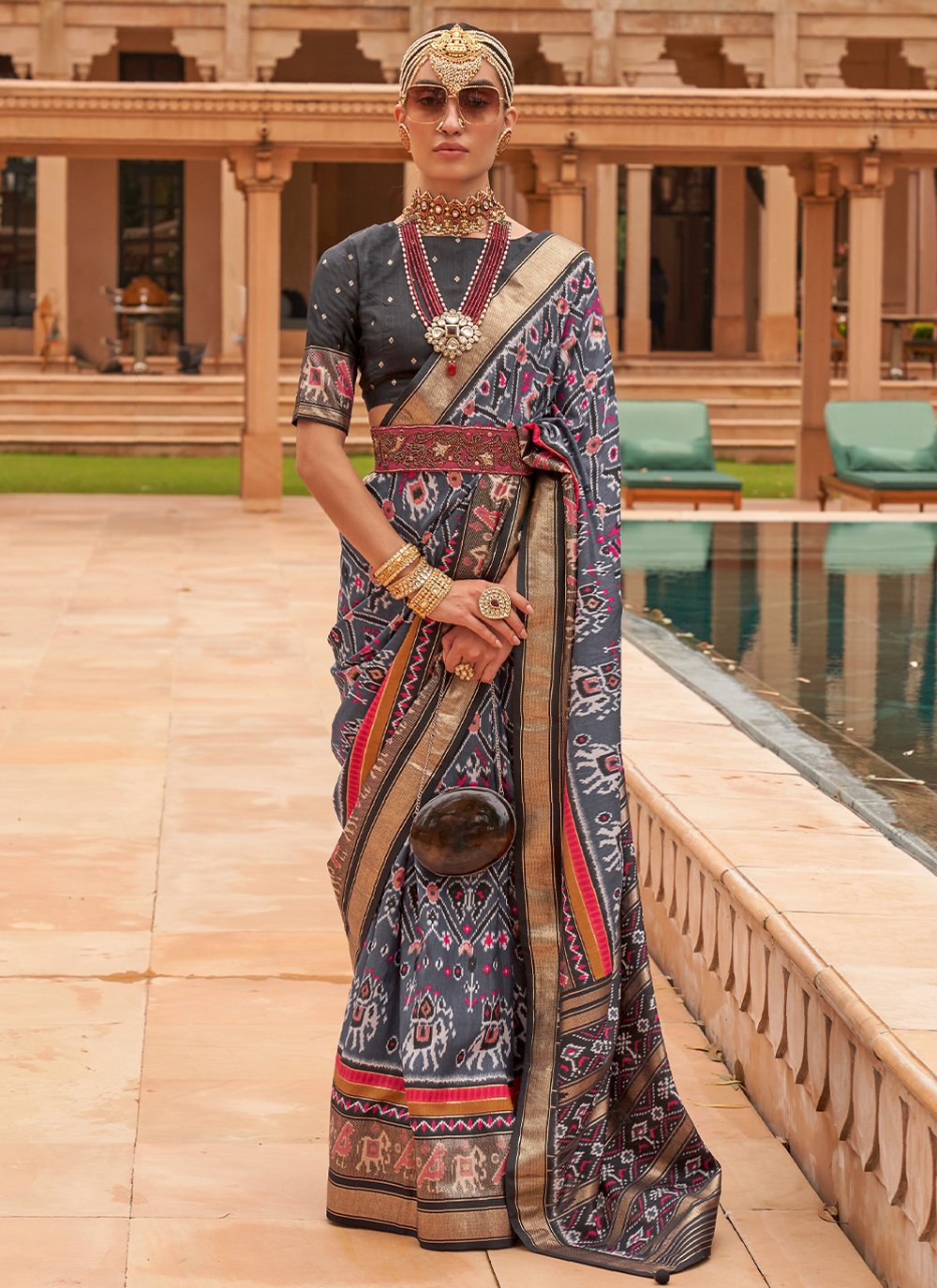 Classic Patola Silk Grey Foil Print Saree