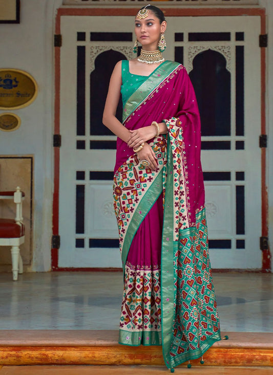 Trendy Saree Patola Silk Magenta Aari Work Saree