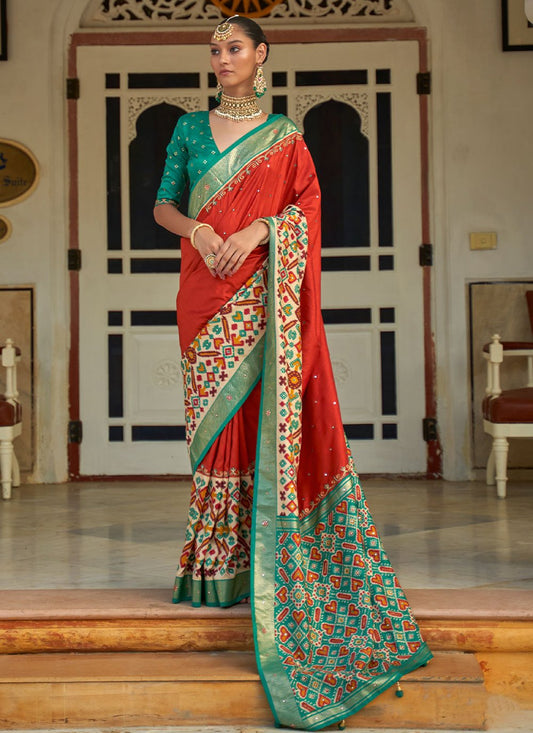 Trendy Saree Patola Silk Red Aari Work Saree