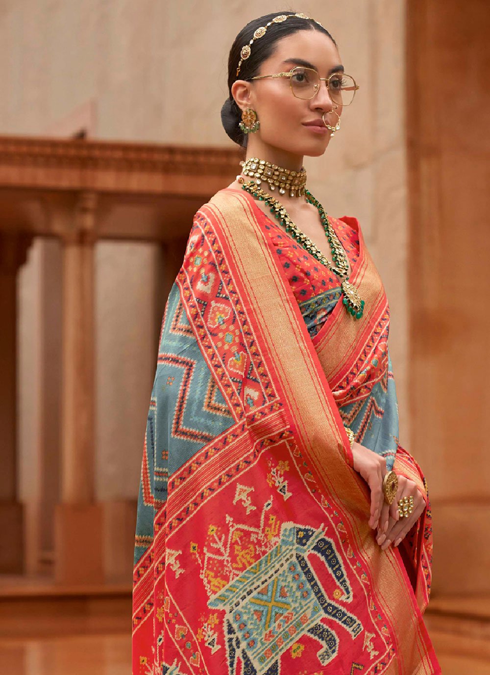 Classic Patola Silk Grey Peach Patch Border Saree