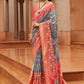 Classic Patola Silk Grey Peach Patch Border Saree