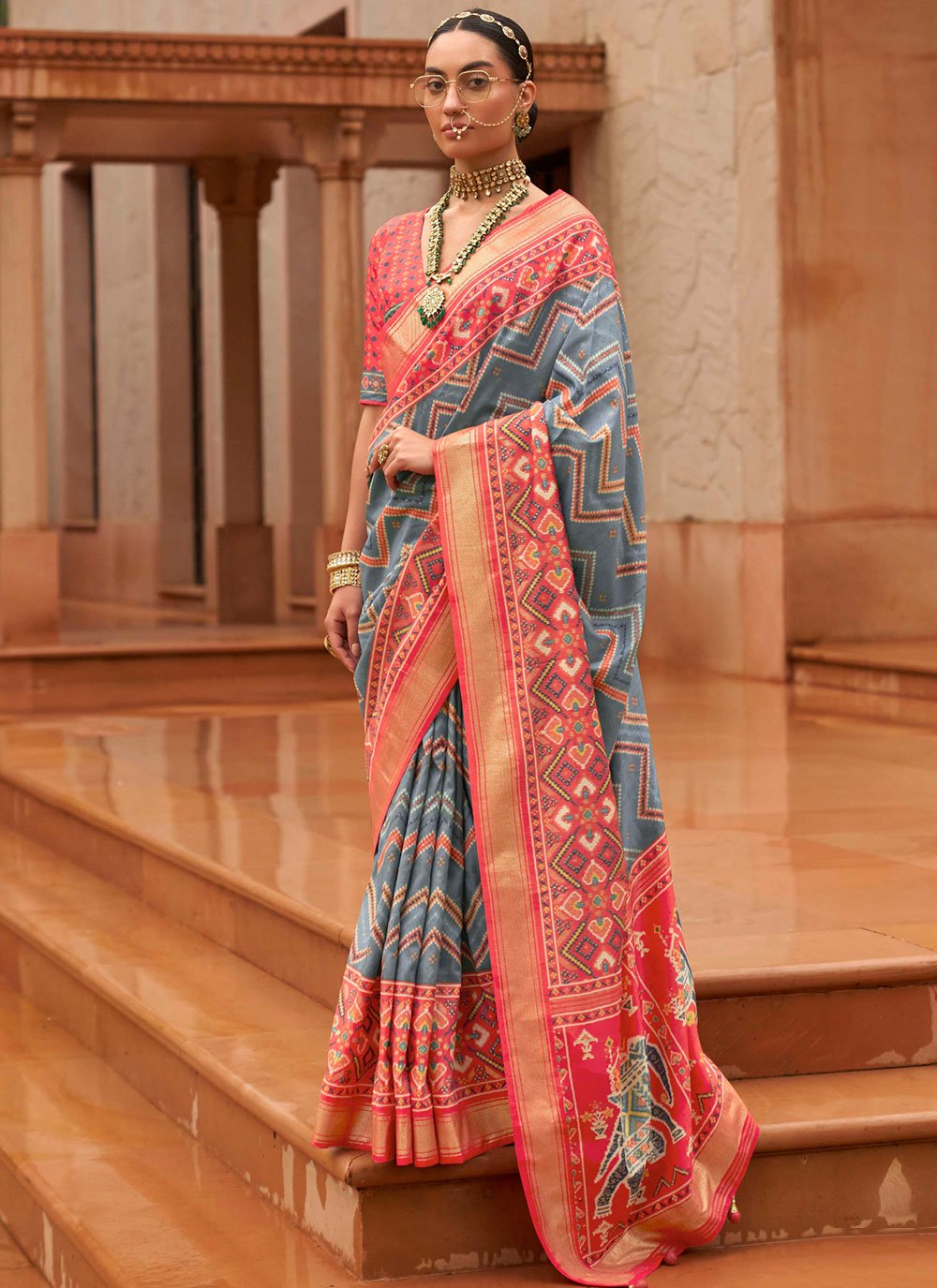 Classic Patola Silk Grey Peach Patch Border Saree