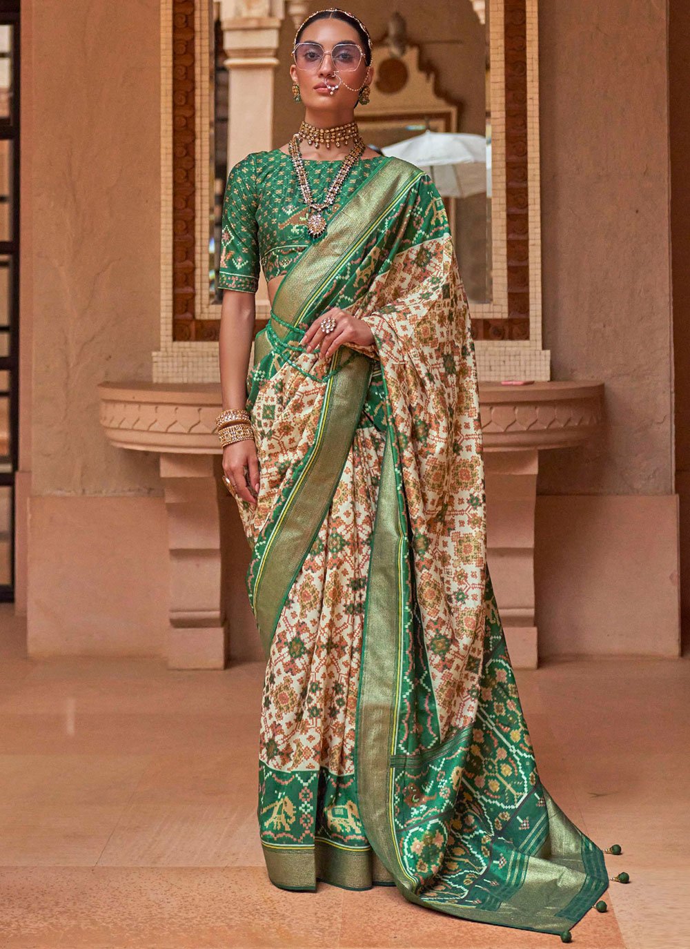 Classic Patola Silk Green Off White Patch Border Saree