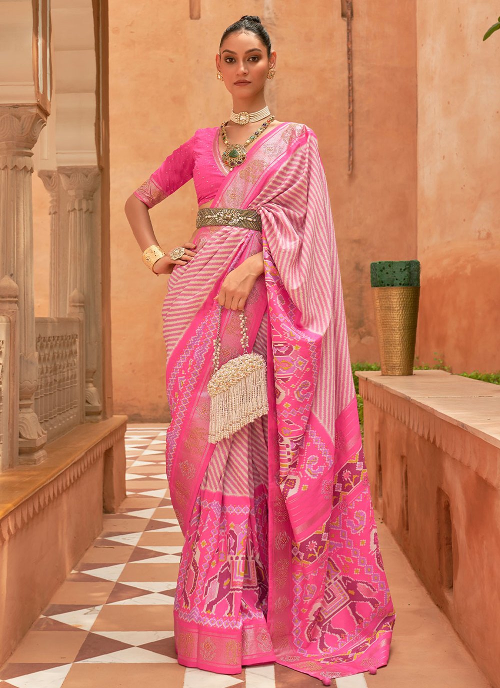 Designer Patola Silk Pink Weaving Saree