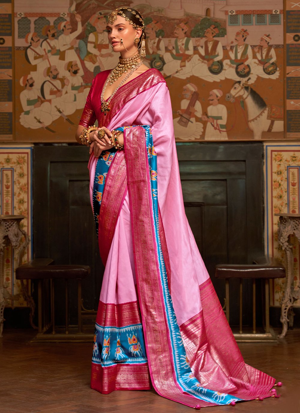 Traditional Saree Patola Silk Pink Patch Border Saree
