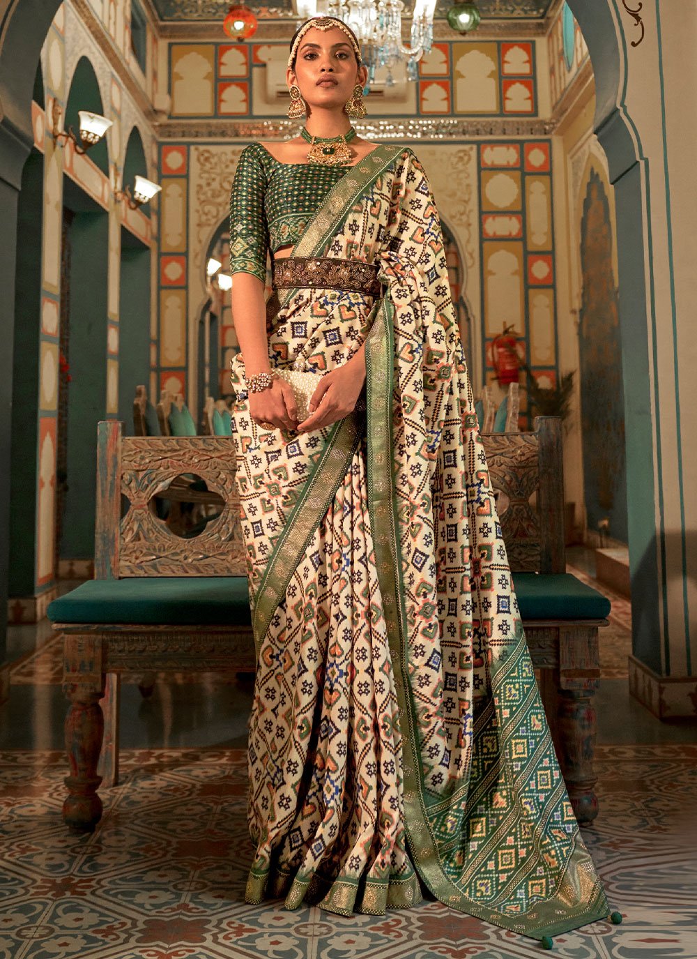 Contemporary Patola Silk Cream Green Weaving Saree