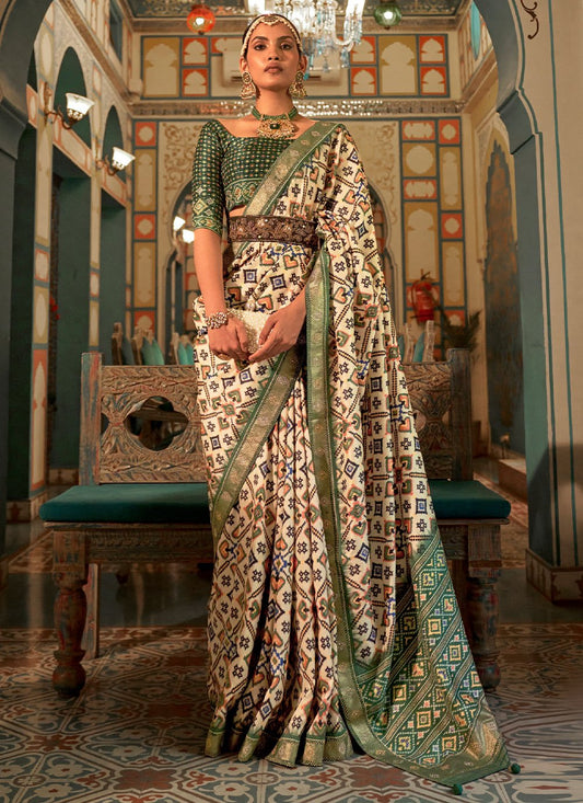 Contemporary Patola Silk Cream Green Weaving Saree