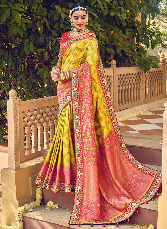 Trendy Saree Patola Silk Yellow Embroidered Saree