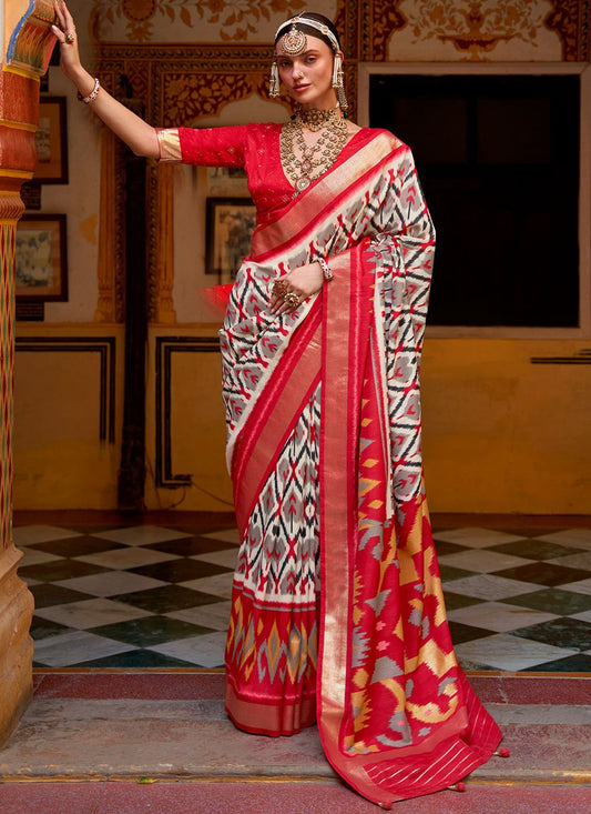 Trendy Saree Patola Silk Red White Weaving Saree