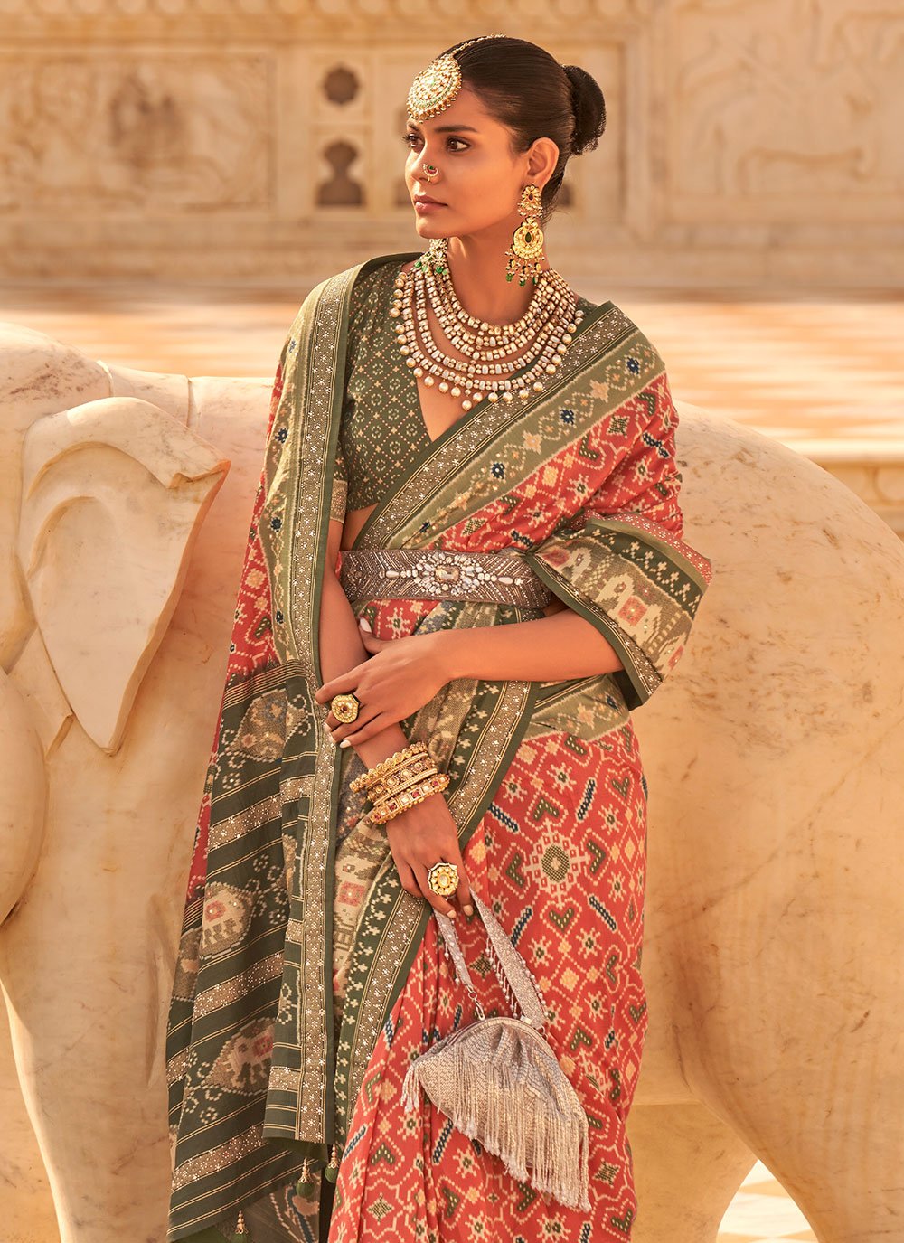 Classic Patola Silk Green Orange Weaving Saree