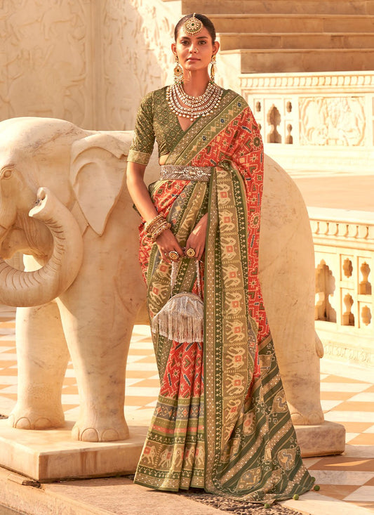 Classic Patola Silk Green Orange Weaving Saree