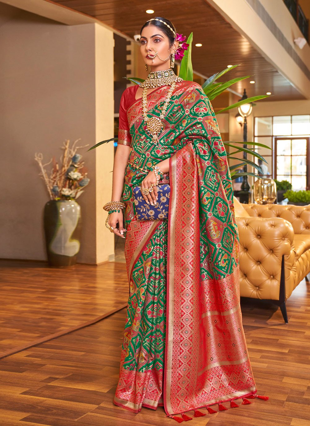 Traditional Saree Patola Silk Green Red Weaving Saree