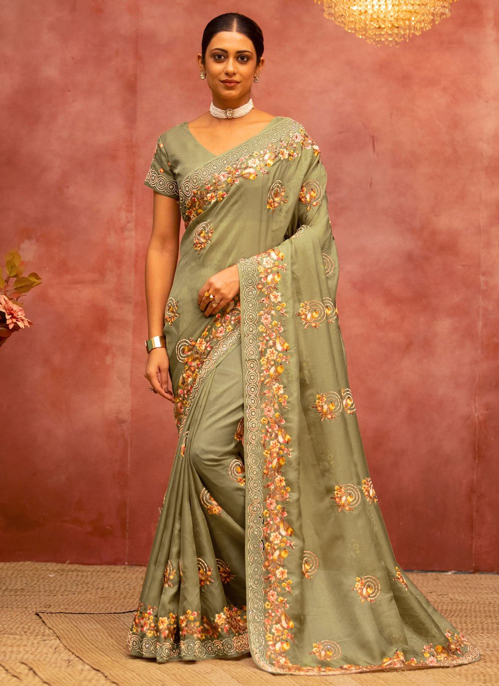 Classic Net Sea Green Embroidered Saree