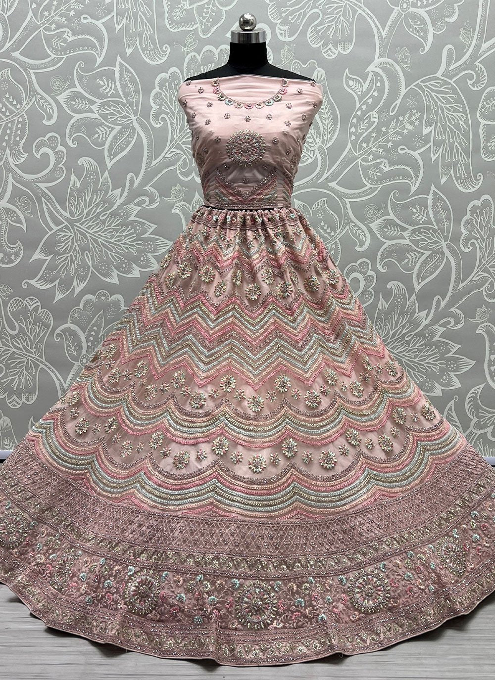 A Line Lehenga Net Peach Embroidered Lehenga Choli