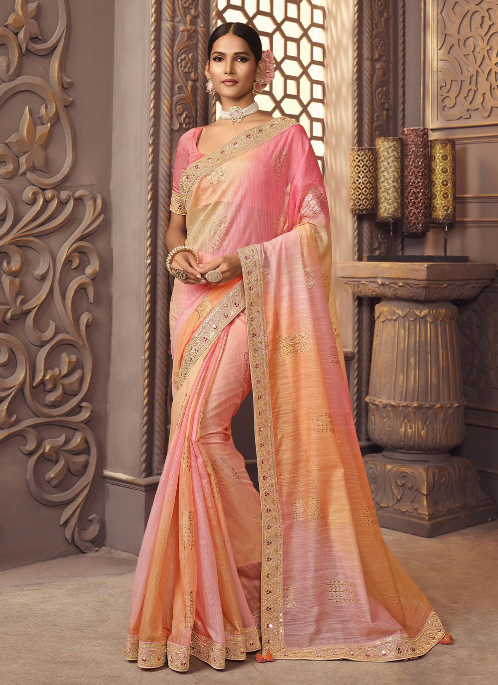 Trendy Saree Art Silk Peach Pink Embroidered Saree